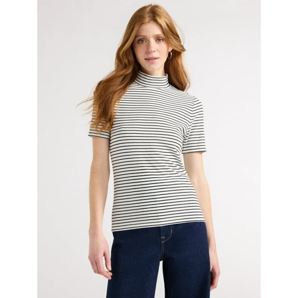 Free Assembly Women's Ribbed Mock Neck Top Short Sleeves, Size X Small